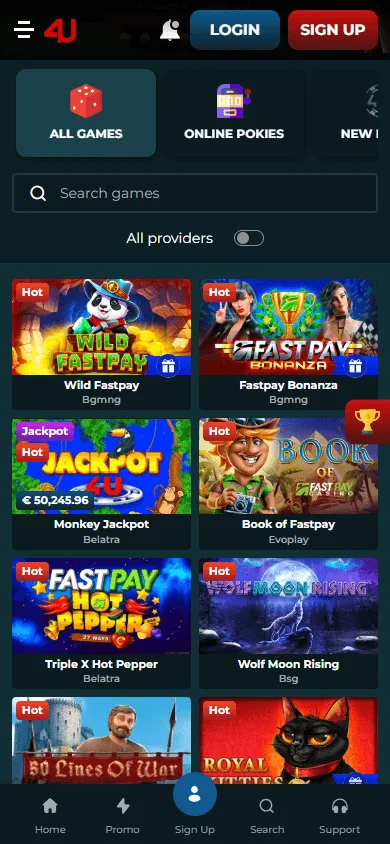 Casino4u mobile games area with pokies and casino categories