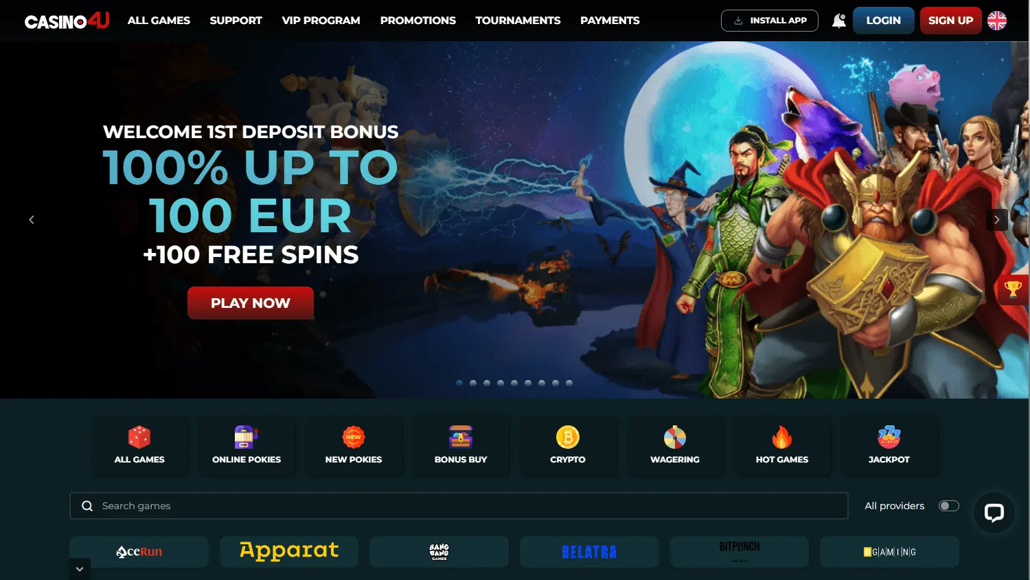 Casino4u desktop casino homepage with pokies, live casino and table game options