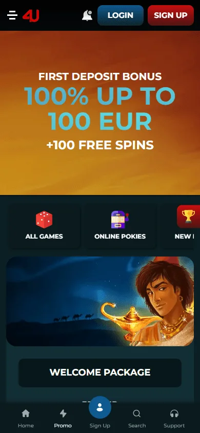 Casino4u mobile promotions area with welcome and free spins offers