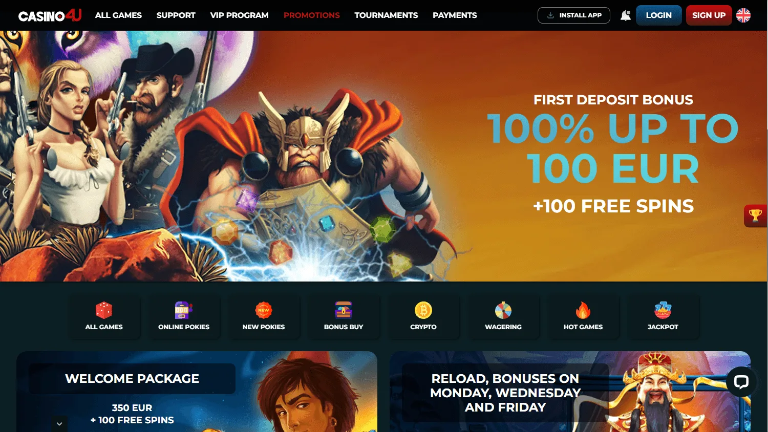 Casino4u desktop promotions area with welcome and regular player offers