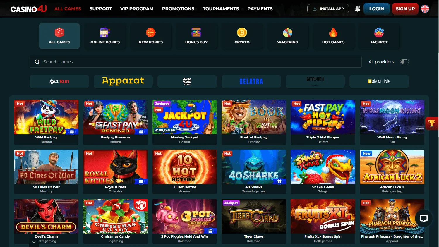 Casino4u desktop games area with online pokies and casino categories