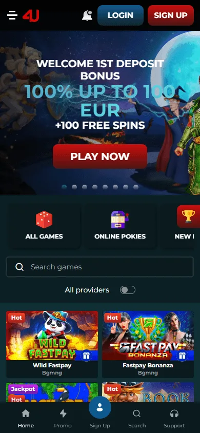 Casino4u mobile website homepage accessed through a smartphone browser